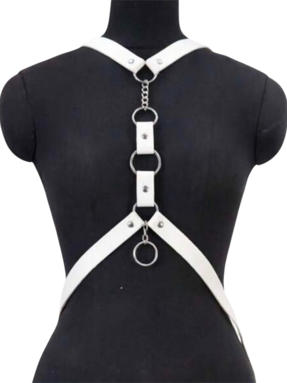 Women White Gothic Style O-Ring Linked Halter Neck Waist Adjustable Harness
